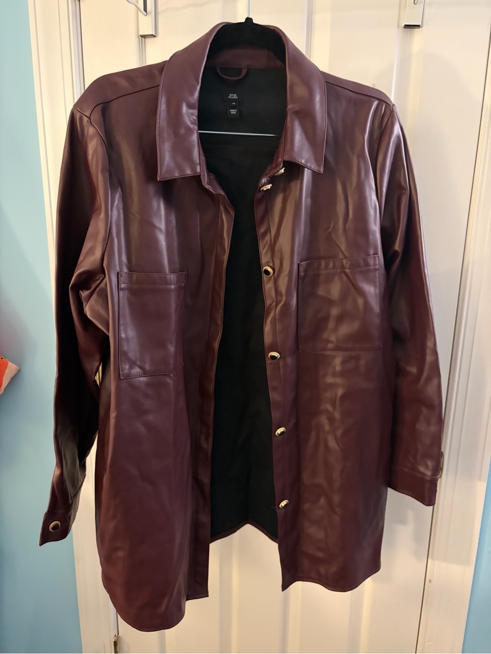 River Island Faux Leather Shirt Jacket - Burgundy 14